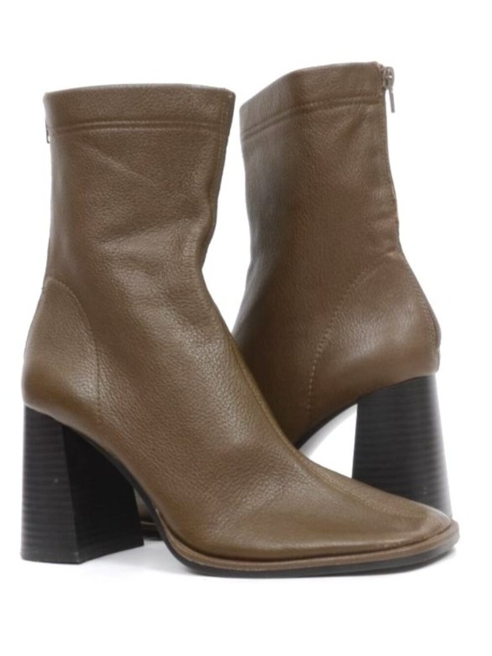 Mango MNG Green Leather Chunky Heel Boots Women's 8 EUR 38 Back Zip Square Toe